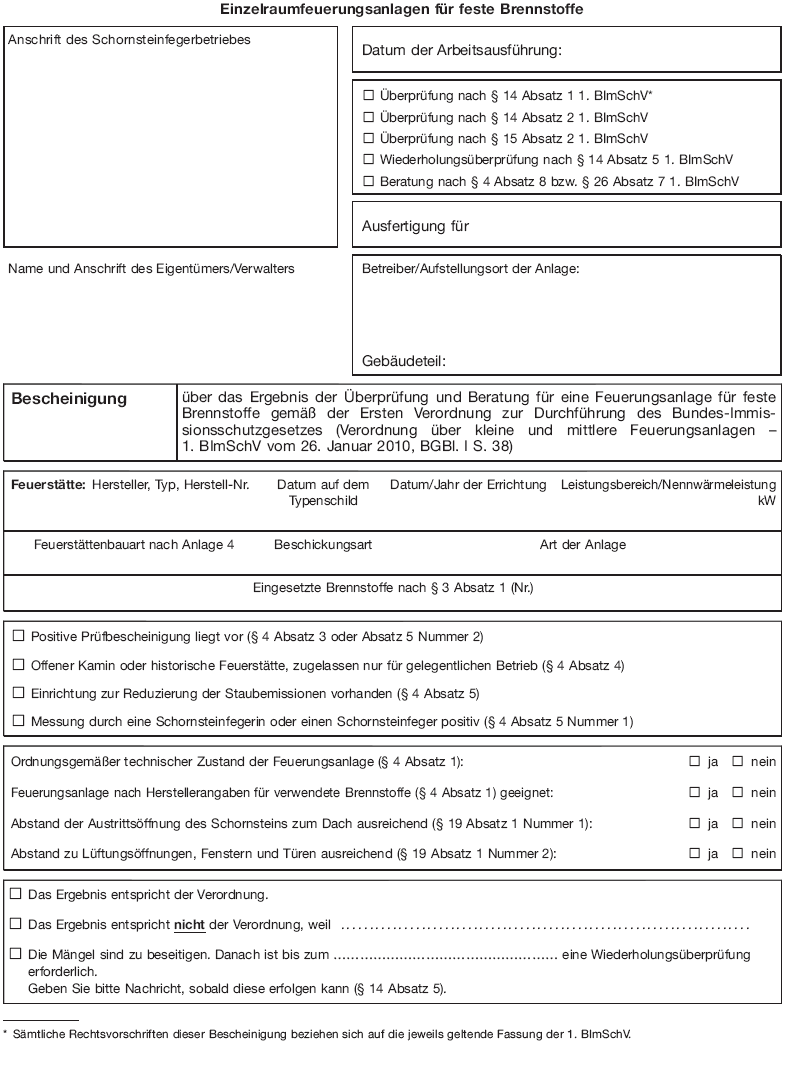 Formblatt zum Nachweis der Durchführung von Schornsteinfegerarbeiten, Seite 8 (BGBl. I 2013 S. 769)