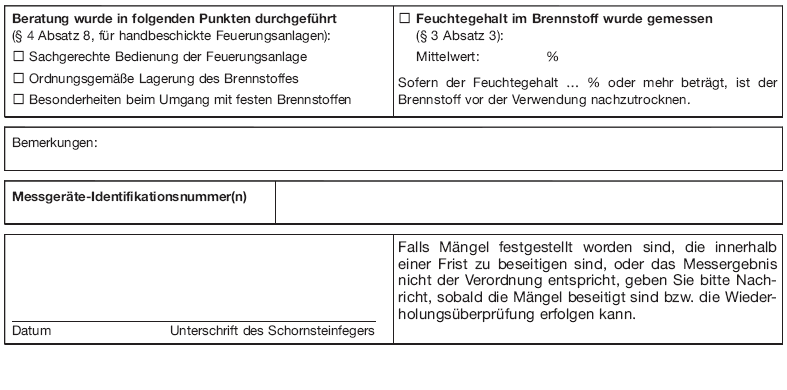 Formblatt zum Nachweis der Durchführung von Schornsteinfegerarbeiten, Seite 9 (BGBl. I 2013 S. 770)