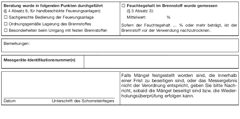 Formblatt zum Nachweis der Durchführung von Schornsteinfegerarbeiten, Seite 9 (BGBl. I 2013 S. 770)