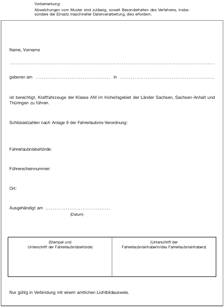 Muster Bescheinigung zum Modellprojekt 'AM mit 15 Jahren' (BGBl. 2013 I S. 941)