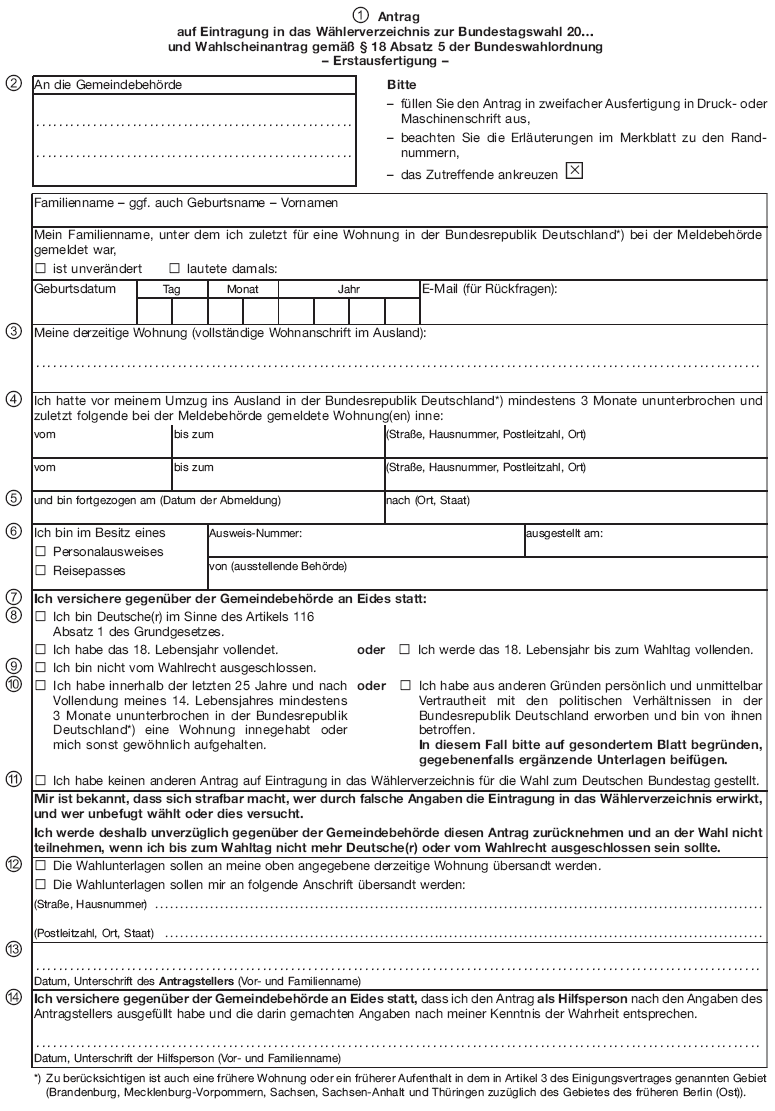 Antrag auf Eintragung in das Wählerverzeichnis zur Bundestagswahl und Wahlscheinantrag (BGBl. I 2013 S. 1260)