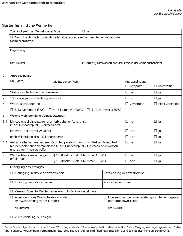 Rückseite Antrag auf Eintragung in das Wählerverzeichnis zur Bundestagswahl und Wahlscheinantrag (BGBl. I 2013 S. 1261)