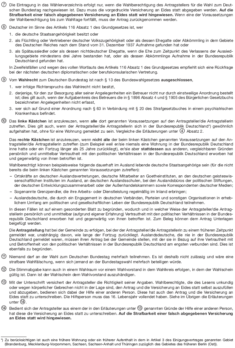 Merkblatt zu dem Antrag auf Eintragung in das Wählerverzeichnis und zu der Versicherung an Eides statt, Seite 2, Text folgt darunter (BGBl. I 2013 S. 1263)