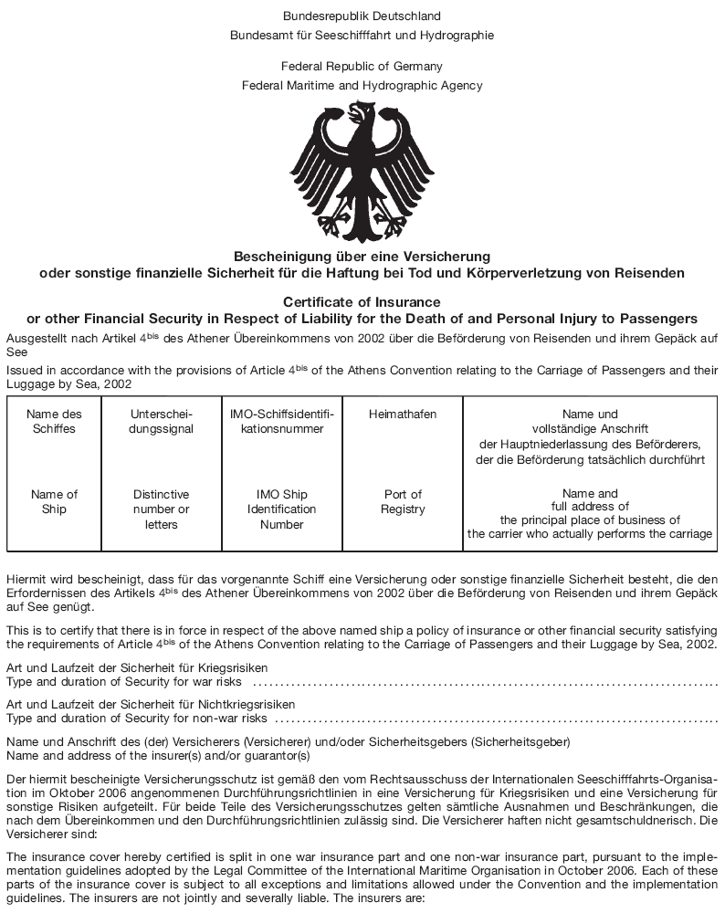 Bescheinigung über eine Versicherung oder sonstige finanzielle Sicherheit für die Haftung bei Tod und Körperverletzung von Reisenden, Seite 1 (BGBl. I 2013 S. 1930)