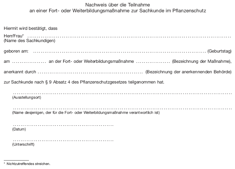 Nachweis über die Teilnahme an einer Fort- oder Weiterbildungsmaßnahme zur Sachkunde im Pflanzenschutz (BGBl. I 2013 S. 1961)