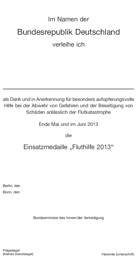 Urkunde zur Einsatzmedaille "Fluthilfe 2013" (BGBl. I 2013 S. 2235)