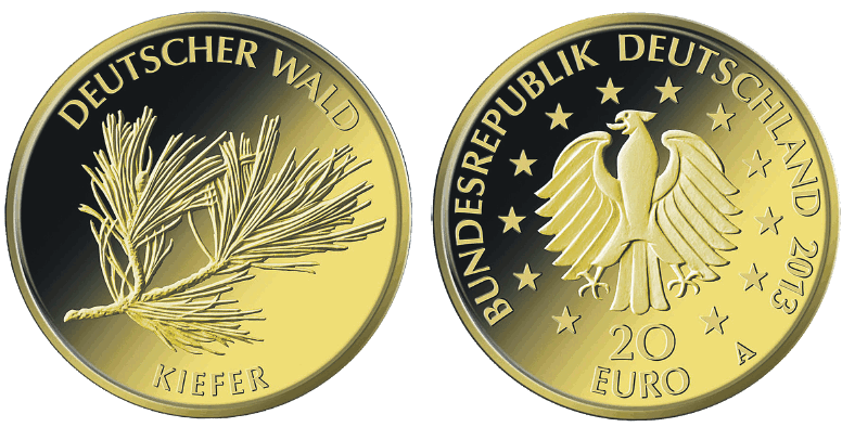 Abbildung von Bildseite und Wertseite Goldmünze "Kiefer" der Serie "Deutscher Wald" (BGBl. I 2013 S. 2535)
