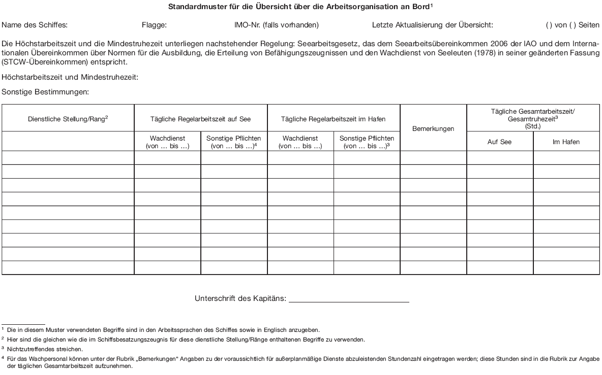 Standardmuster für die Übersicht über die Arbeitsorganisation an Bord (BGBl. I 2013 S. 2797)