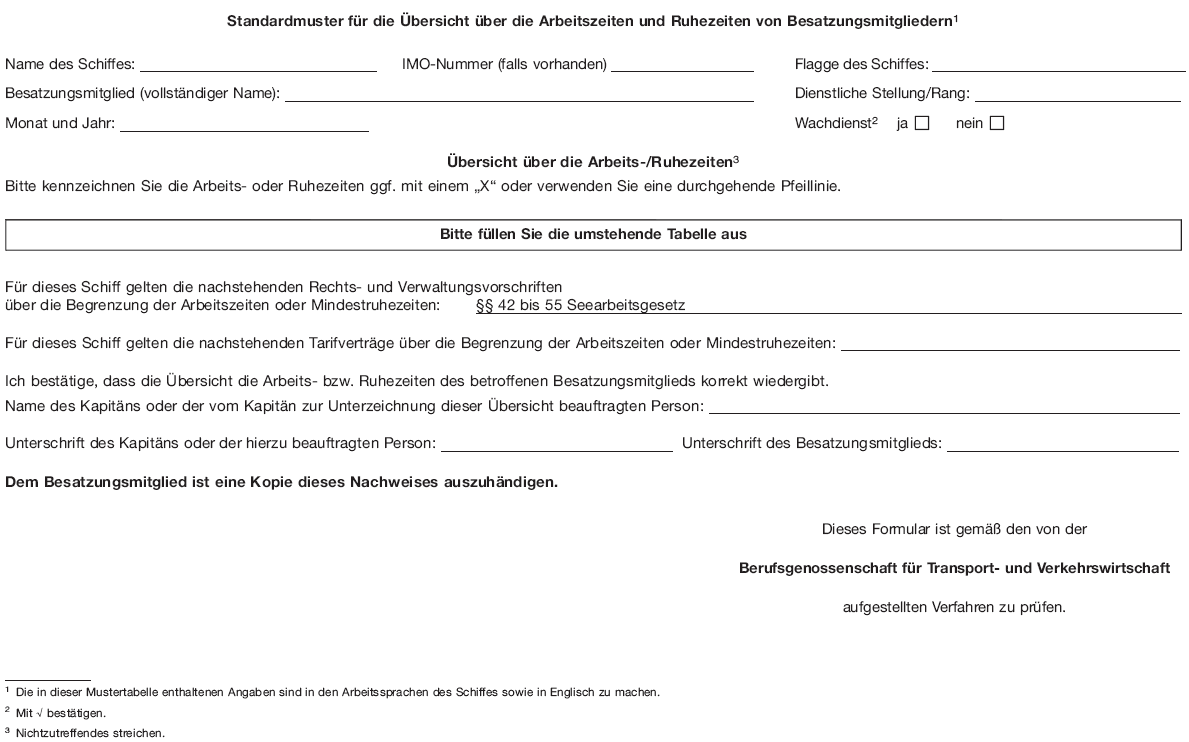 Standardmuster für die Übersicht über die Arbeitszeiten und Ruhezeiten von Besatzungsmitgliedern, Seite 1 (BGBl. I 2013 S. 2798)