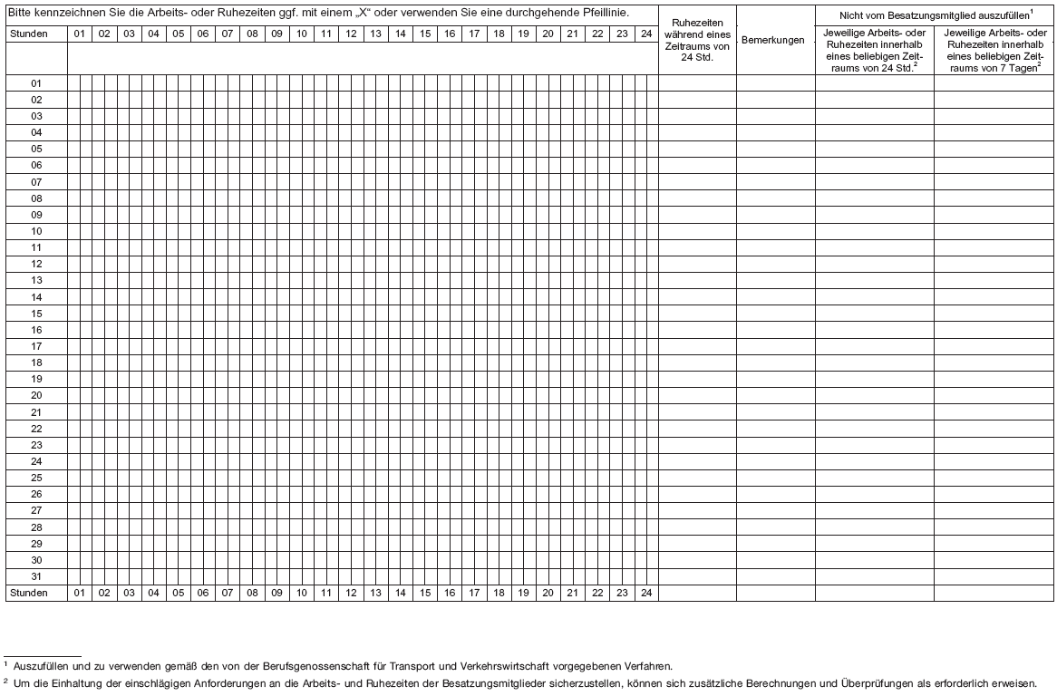 Standardmuster für die Übersicht über die Arbeitszeiten und Ruhezeiten von Besatzungsmitgliedern, Seite 2 (BGBl. I 2013 S. 2799)