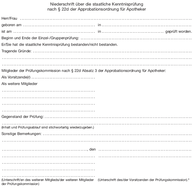 Muster Niederschrift über die staatliche Kenntnisprüfung (BGBl. 2013 I S. 3012)