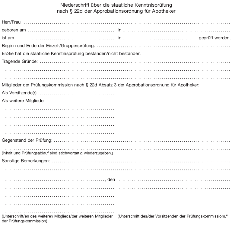 Muster Niederschrift über die staatliche Kenntnisprüfung (BGBl. 2013 I S. 3012)