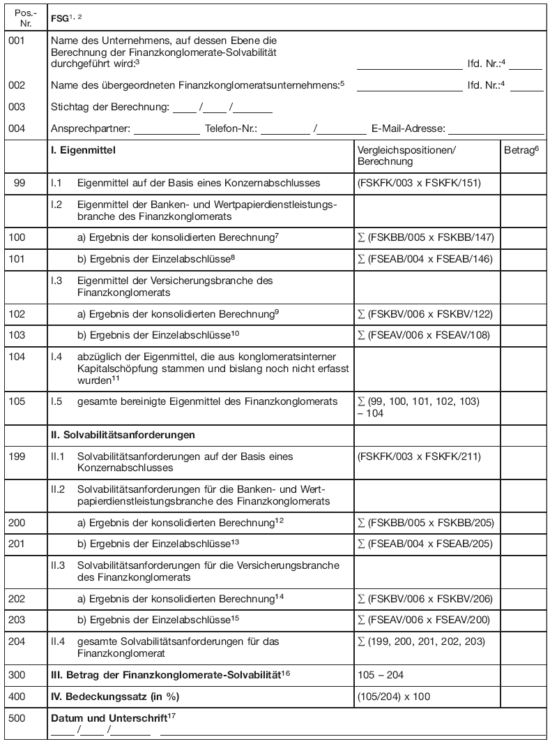 Übersichtsbogen zur Berechnung der Finanzkonglomerate-Solvabilität - Gesamtübersicht (FSG) - (BGBl. I 2013 S. 3678)