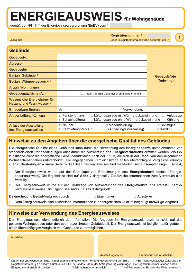 Muster Energieausweis Wohngebäude 2014 Seite 1 (BGBl. I 2013 S. 3977)