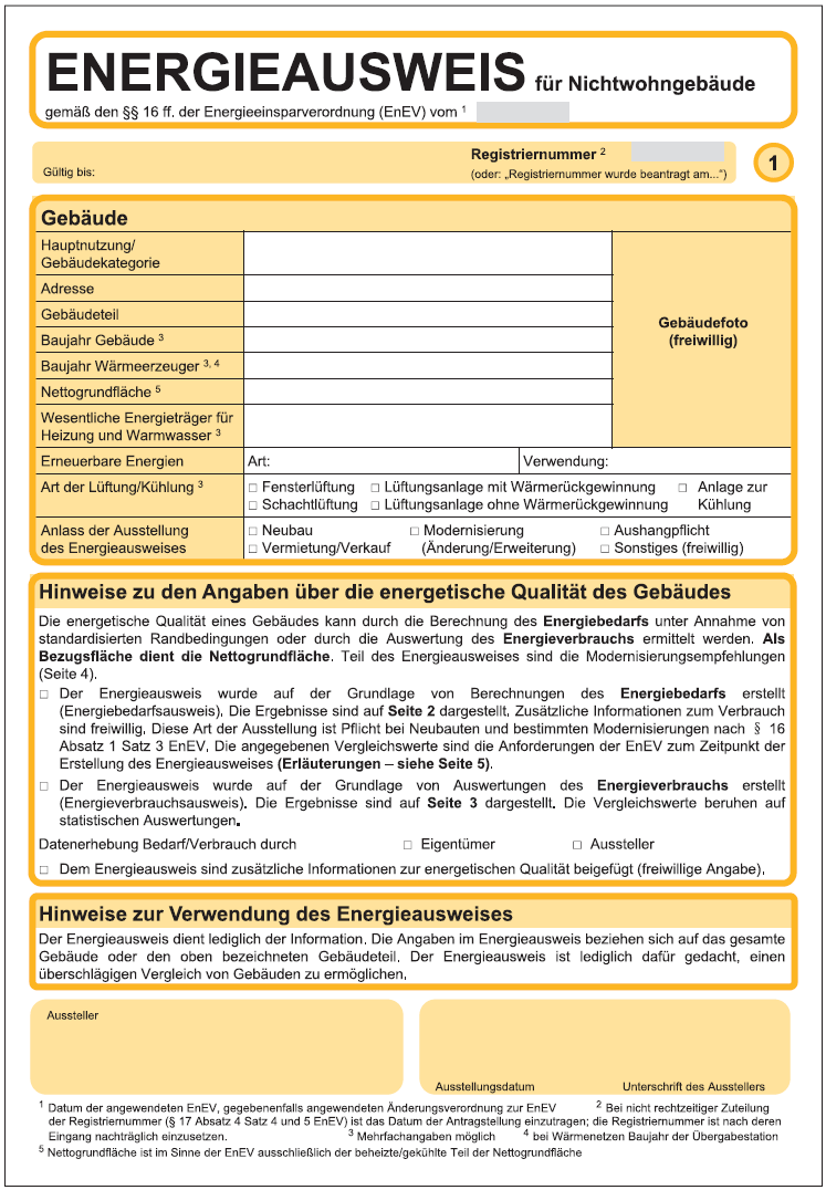 Muster Energieausweis Nichtwohngebäude 2014 Seite 1 (BGBl. I 2013 S. 3982)