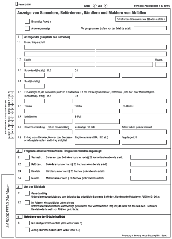 Vordruck Anzeige von Sammlern, Beförderern, Händlern und Maklern von Abfällen, Seite 1 (BGBl. 2013 I S. 4051)