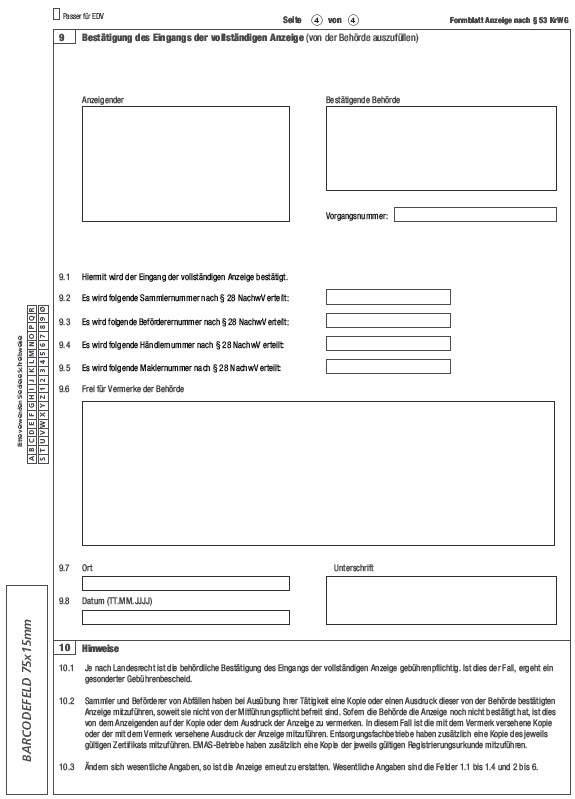 Vordruck Anzeige von Sammlern, Beförderern, Händlern und Maklern von Abfällen, Seite 4 (BGBl. 2013 I S. 4054)