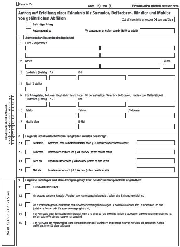 Vordruck Antrag auf Erteilung einer Erlaubnis für Sammler, Beförderer, Händler und Makler von gefährlichen Abfälle, Seite 1 (BGBl. 2013 I S. 4055)