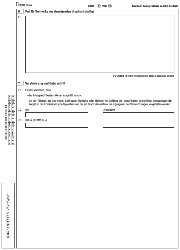 Vordruck Antrag auf Erteilung einer Erlaubnis für Sammler, Beförderer, Händler und Makler von gefährlichen Abfälle, Seite 3 (BGBl. 2013 I S. 4057)