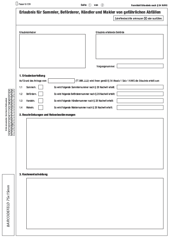 Vordruck Erlaubnis für Sammler, Beförderer, Händler und Makler von gefährlichen Abfällen, Seite 1 (BGBl. 2013 I S. 4058)