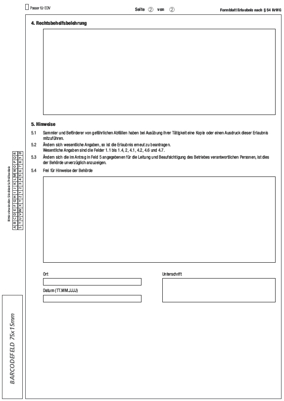 Vordruck Erlaubnis für Sammler, Beförderer, Händler und Makler von gefährlichen Abfällen, Seite 2 (BGBl. 2013 I S. 4059)