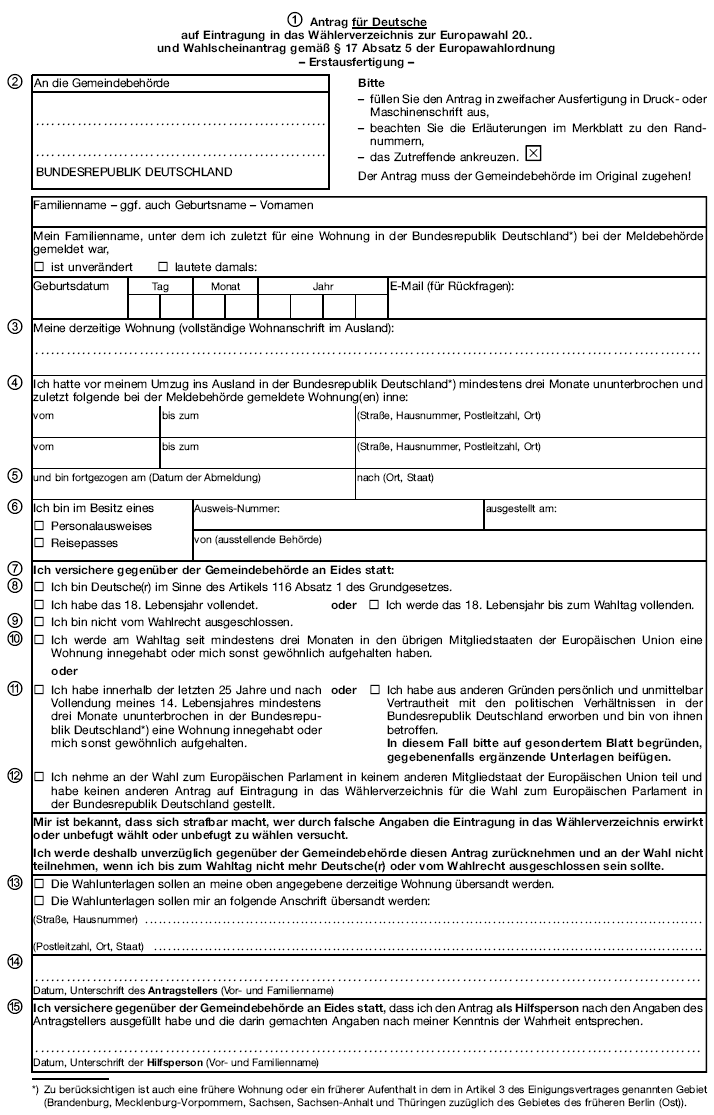 Antrag für Deutsche auf Eintragung in das Wählerverzeichnis zur Europawahl (BGBl. 2013 I S. 4346)