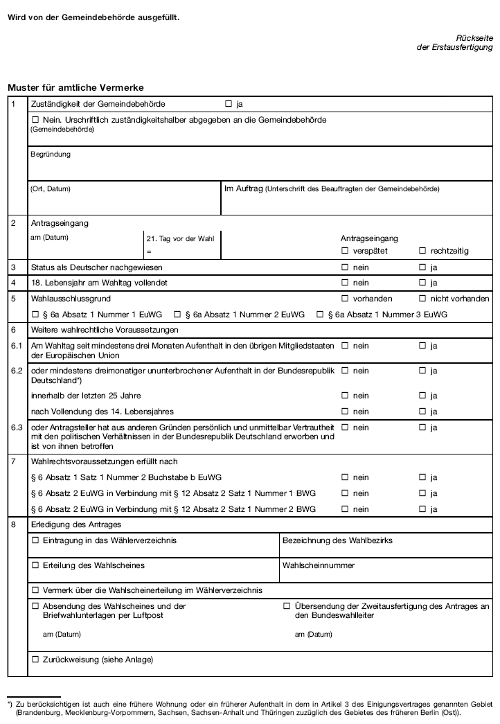 Rückseite Erstausfertigung Antrag für Deutsche auf Eintragung in das Wählerverzeichnis zur Europawahl (BGBl. 2013 I S. 4347)