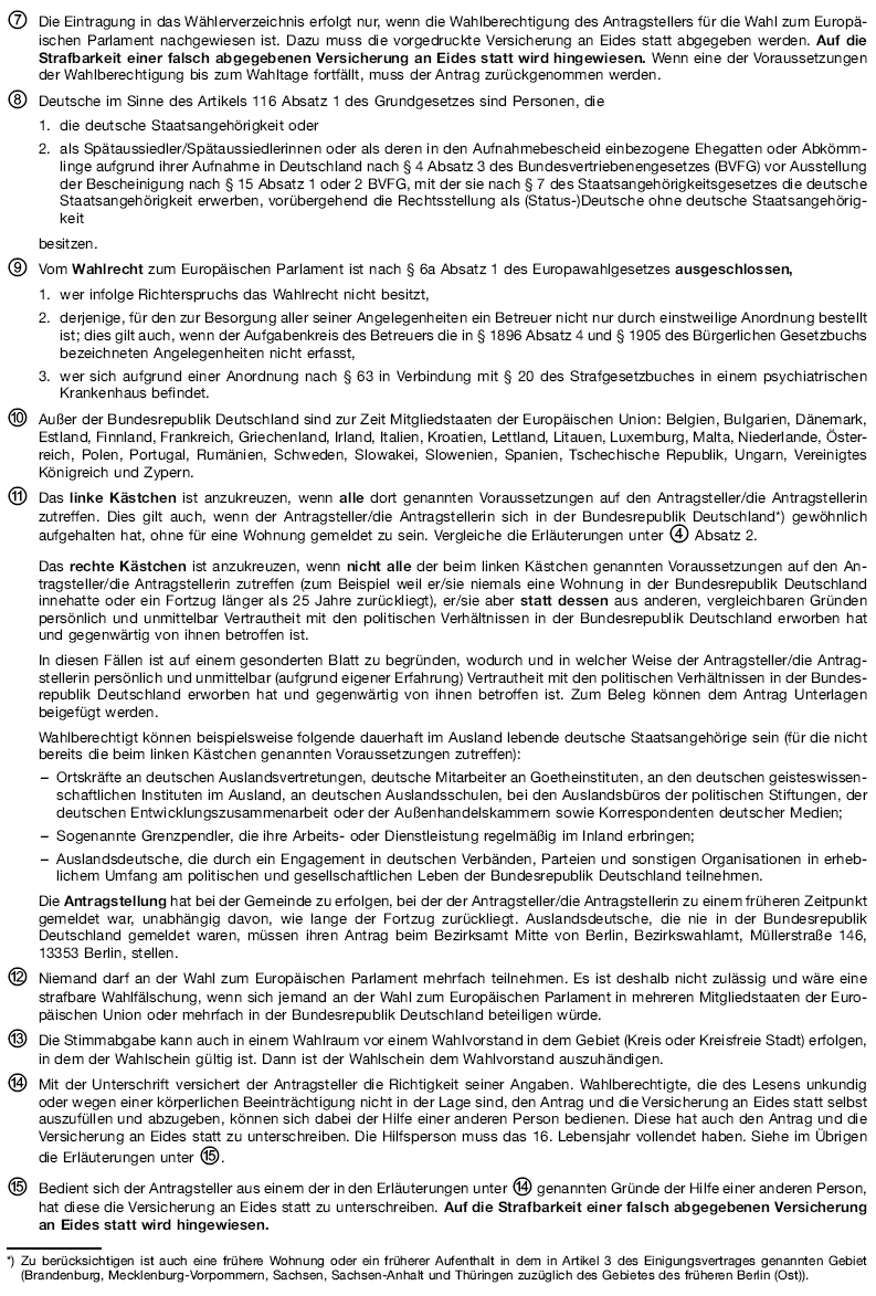 Merkblatt zu dem Antrag auf Eintragung in das Wählerverzeichnis und zu der Versicherung an Eides statt, Seite 2 (BGBl. 2013 I S. 4349)