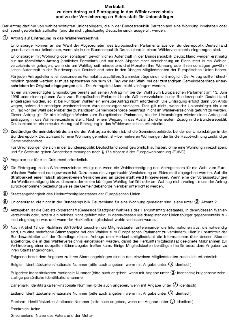 Merkblatt zu dem Antrag auf Eintragung in das Wählerverzeichnis und zu der Versicherung an Eides statt für Unionsbürger, Seite 1 (BGBl. 2013 I S. 4351)