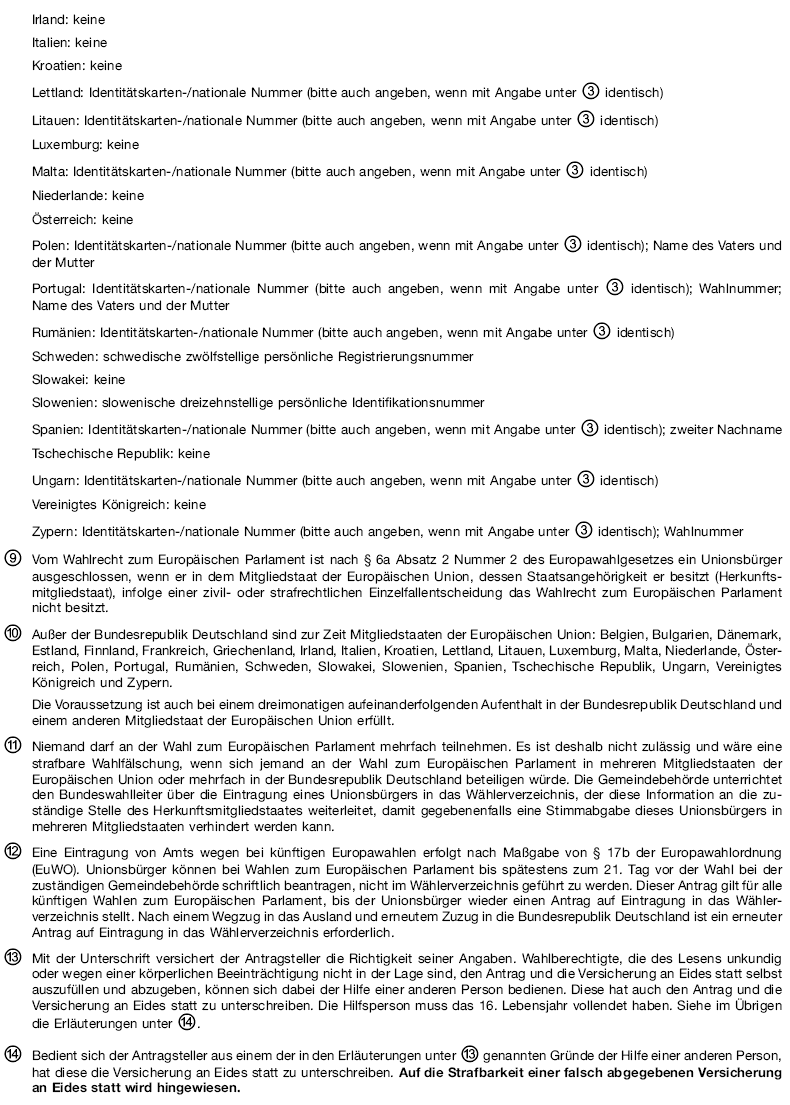 Merkblatt zu dem Antrag auf Eintragung in das Wählerverzeichnis und zu der Versicherung an Eides statt für Unionsbürger, Seite 2 (BGBl. 2013 I S. 4352)