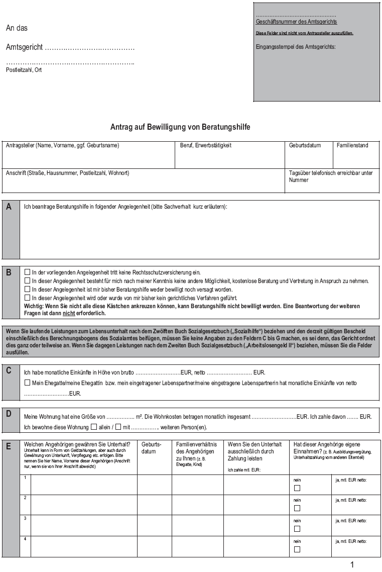 Vordruck Antrag auf Bewilligung von Beratungshilfe, Seite 1 (BGBl. 2014 I S. 3)