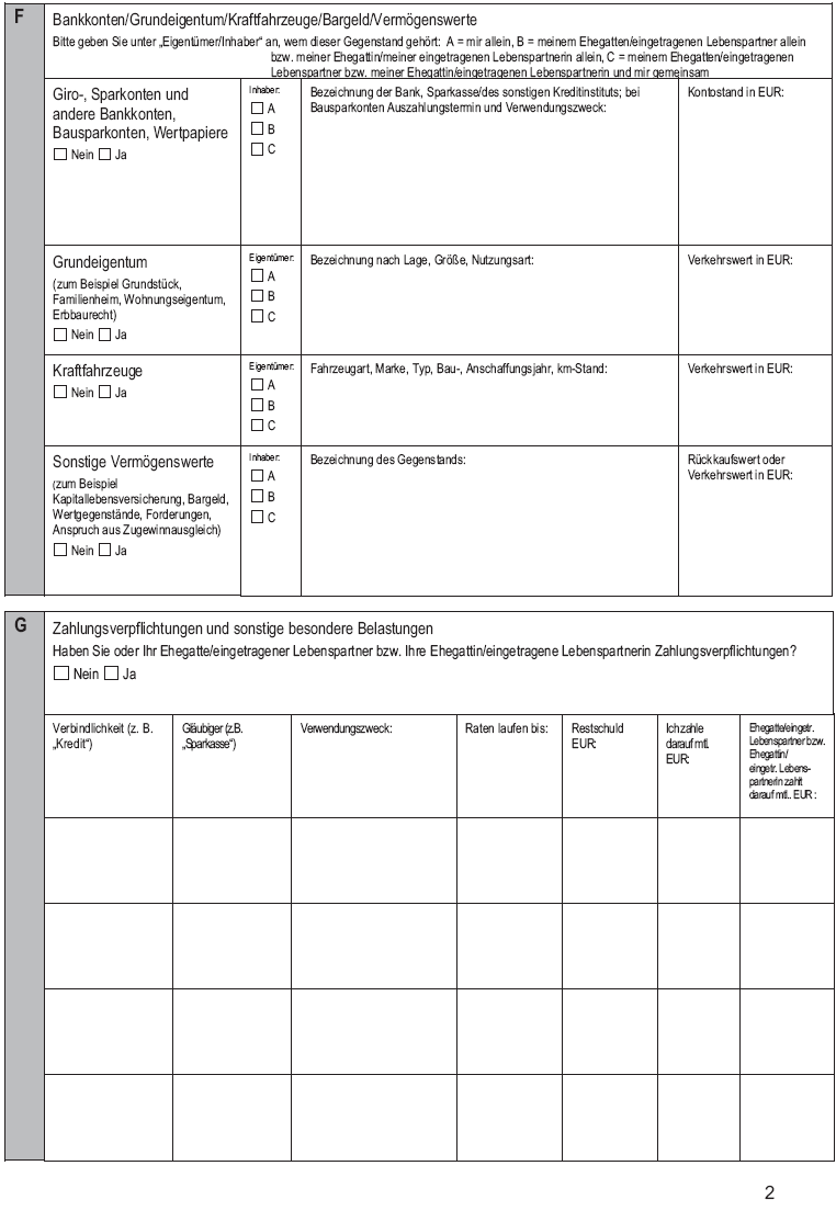 Vordruck Antrag auf Bewilligung von Beratungshilfe, Seite 2 (BGBl. 2014 I S. 4)