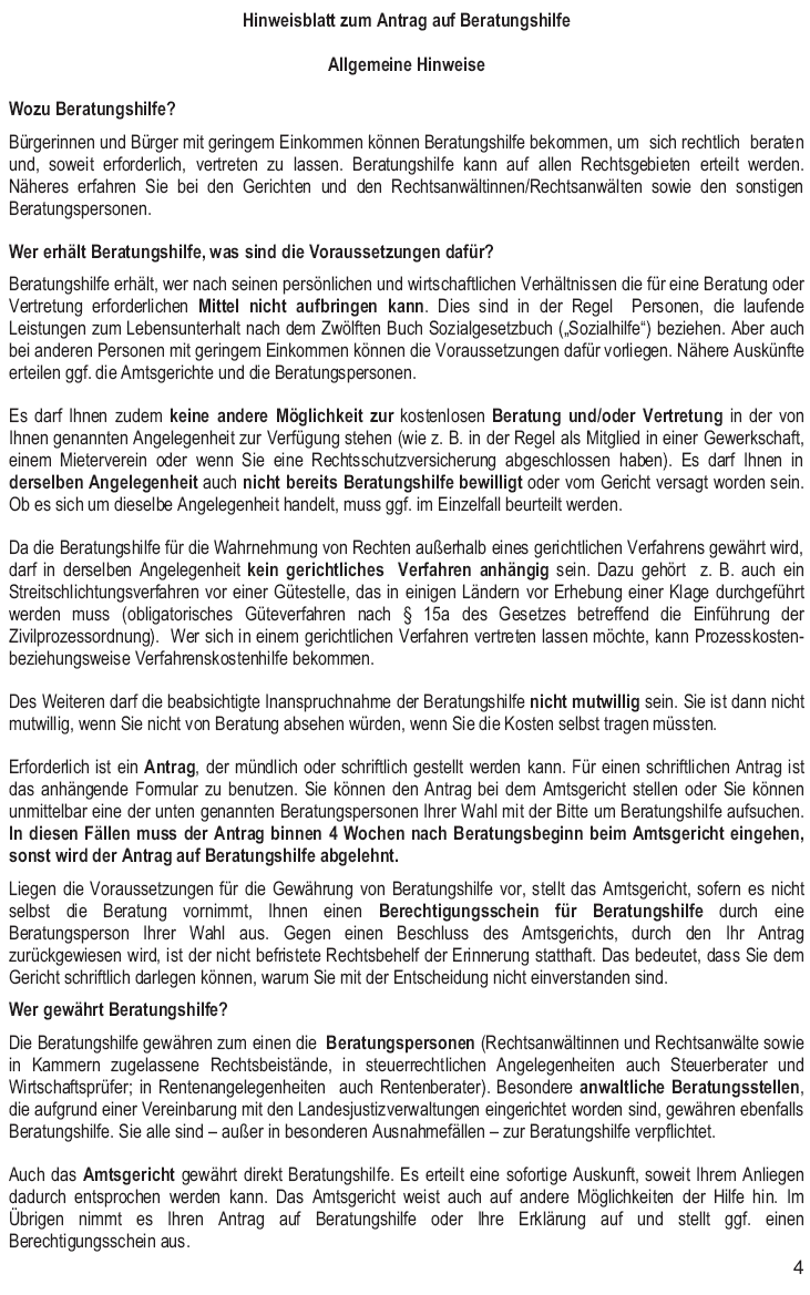 Vordruck Antrag auf Bewilligung von Beratungshilfe, Hinweisblatt zum Antrag auf Beratungshilfe, Allgemeine Hinweise (Text barrierefrei im Anschluss an die Grafiken) Seite 4 (BGBl. 2014 I S. 6)