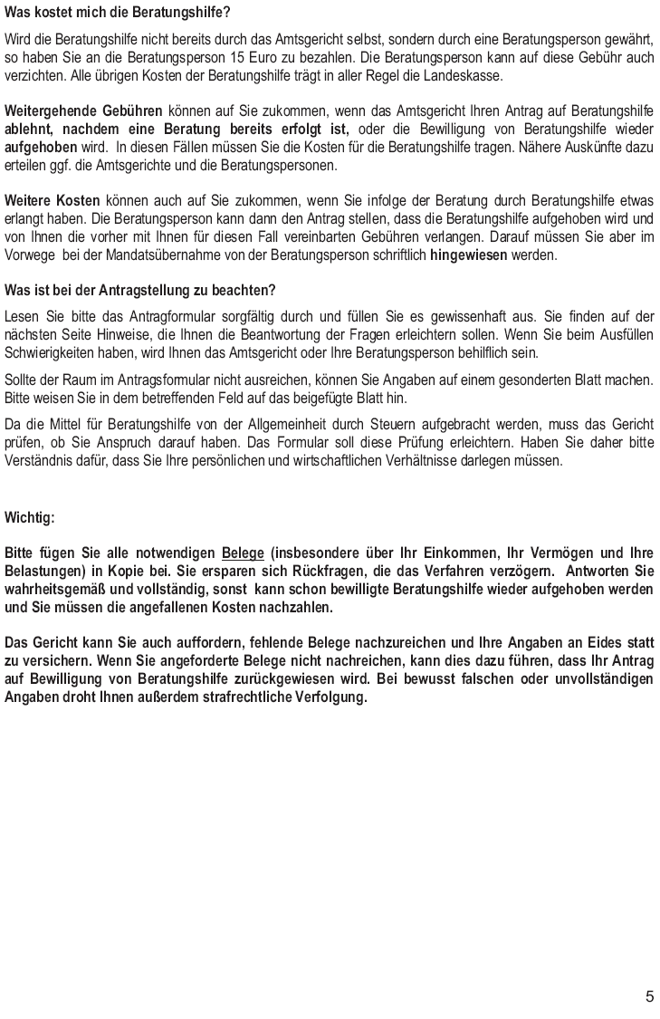 Vordruck Antrag auf Bewilligung von Beratungshilfe, Hinweisblatt zum Antrag auf Beratungshilfe, Allgemeine Hinweise (Text barrierefrei im Anschluss an die Grafiken) Seite 5 (BGBl. 2014 I S. 7)