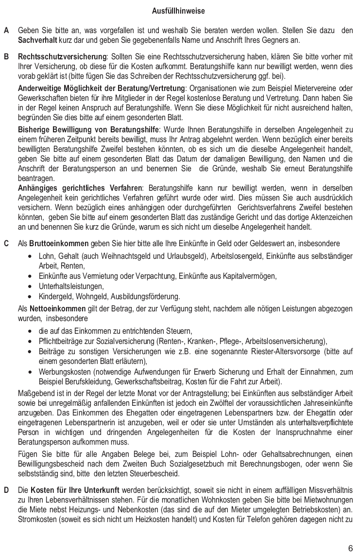 Vordruck Antrag auf Bewilligung von Beratungshilfe, Hinweisblatt zum Antrag auf Beratungshilfe, Ausfüllhinweise (Text barrierefrei im Anschluss an die Grafiken) Seite 6 (BGBl. 2014 I S. 8)