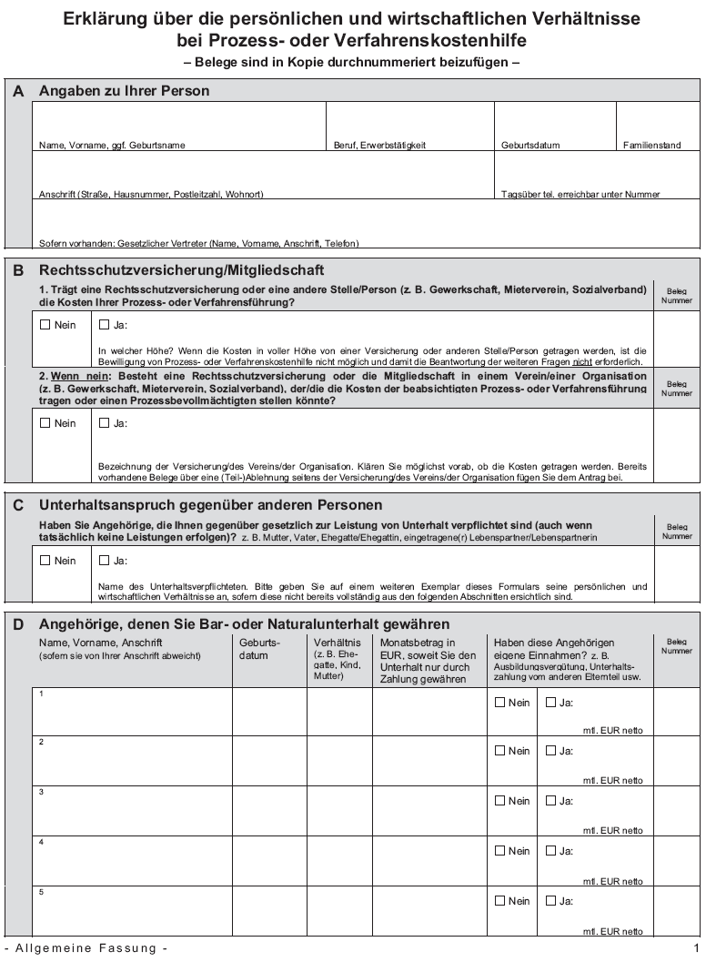 Muster Formular Erklärung über die persönlichen und wirtschaftlichen Verhältnisse bei Prozess- oder Verfahrenskostenhilfe, Seite 1 (BGBl. 2014 I S. 36)