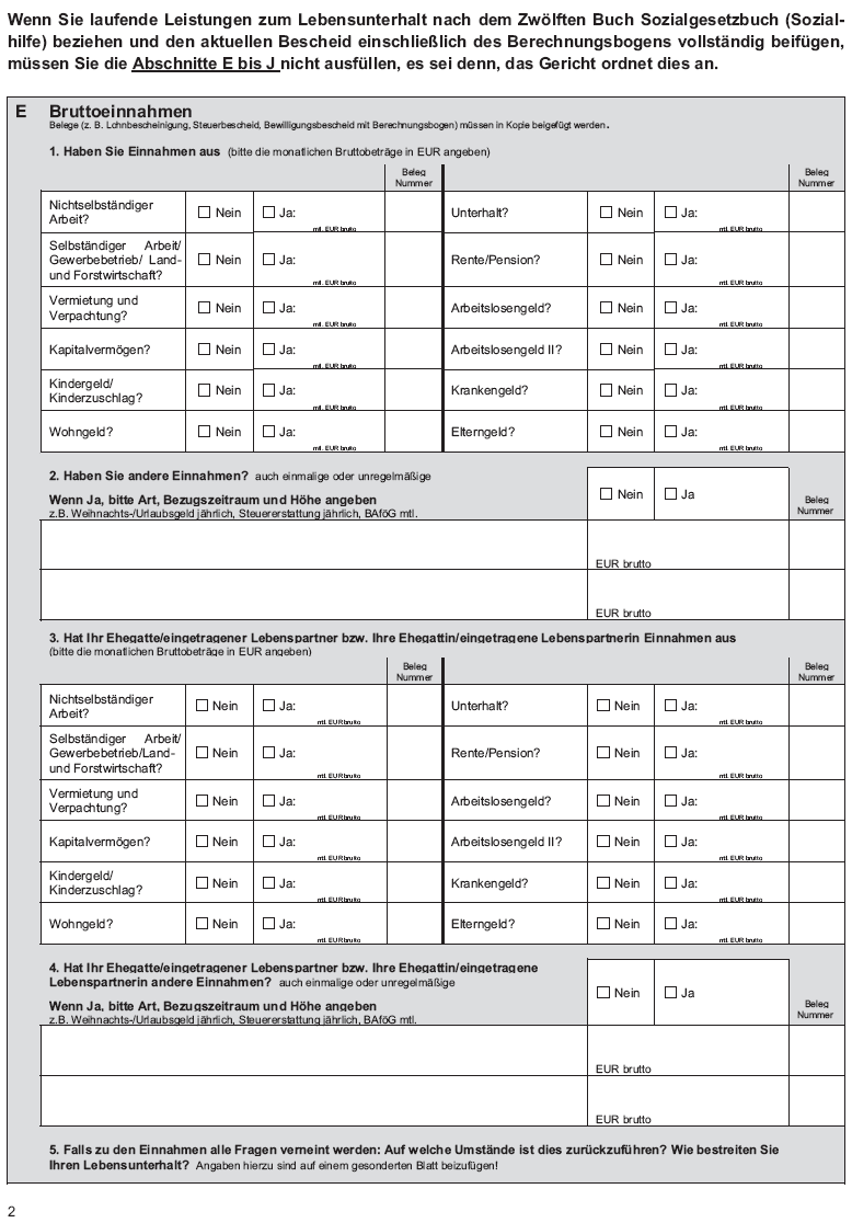 Muster Formular Erklärung über die persönlichen und wirtschaftlichen Verhältnisse bei Prozess- oder Verfahrenskostenhilfe, Seite 2 (BGBl. 2014 I S. 37)