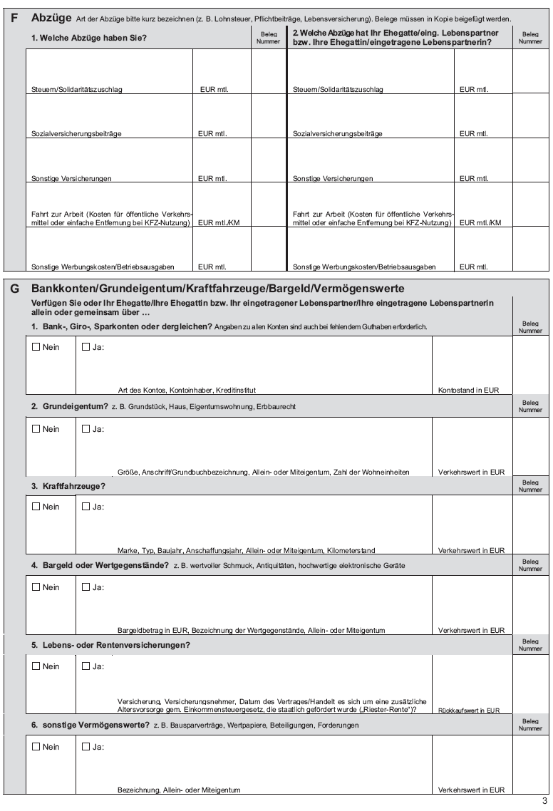 Muster Formular Erklärung über die persönlichen und wirtschaftlichen Verhältnisse bei Prozess- oder Verfahrenskostenhilfe, Seite 3 (BGBl. 2014 I S. 38)