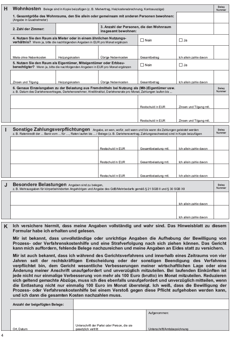 Muster Formular Erklärung über die persönlichen und wirtschaftlichen Verhältnisse bei Prozess- oder Verfahrenskostenhilfe, Seite 4 (BGBl. 2014 I S. 39)