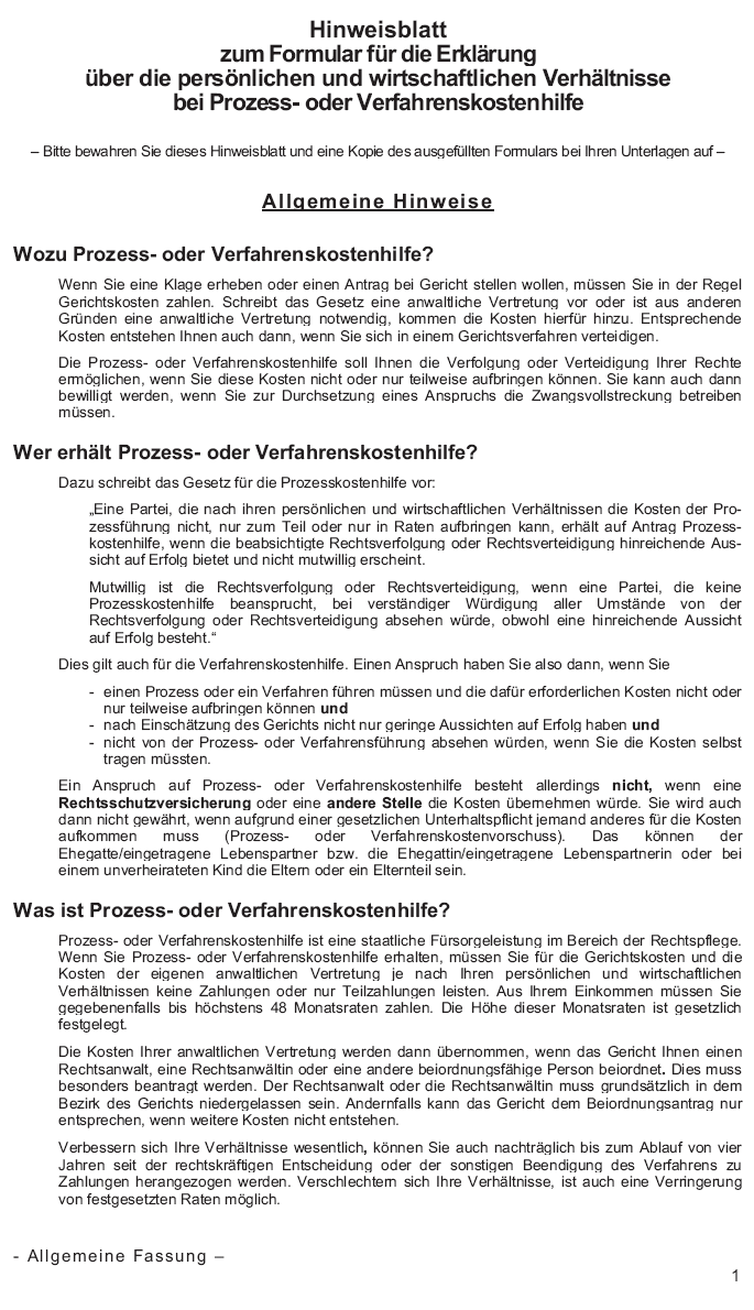 Hinweisblatt zum Formular für die Erklärung über die persönlichen und wirtschaftlichen Verhältnisse bei Prozess- oder Verfahrenskostenhilfe, Seite 1 (BGBl. 2014 I S. 40)