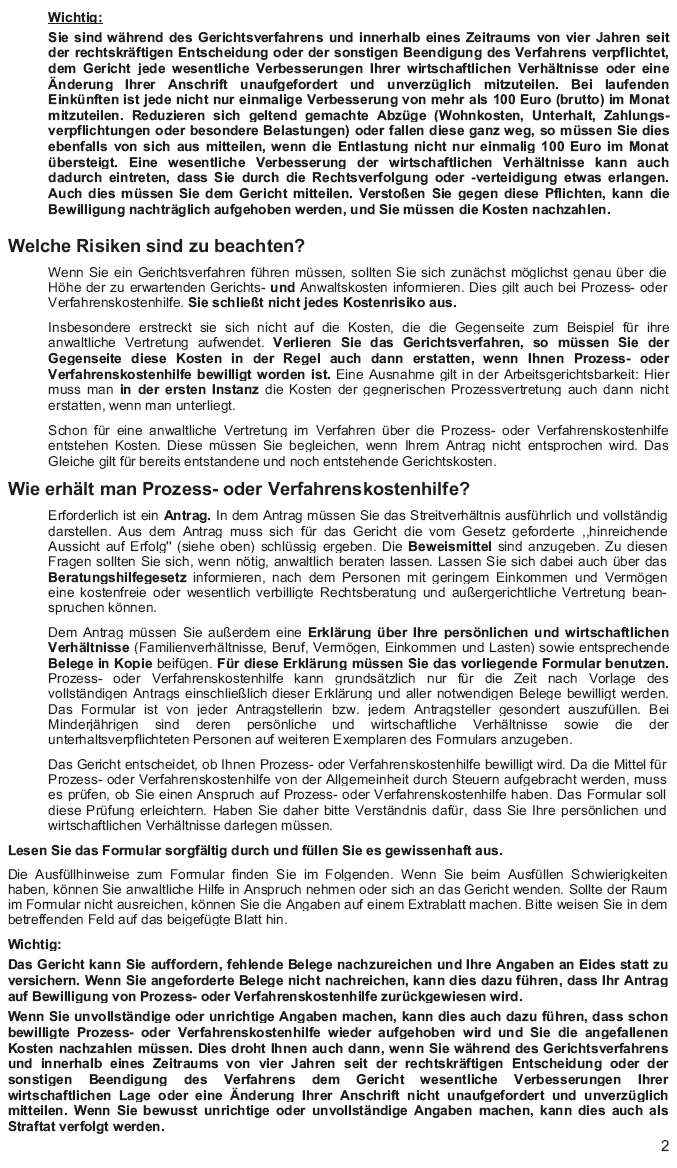 Hinweisblatt zum Formular für die Erklärung über die persönlichen und wirtschaftlichen Verhältnisse bei Prozess- oder Verfahrenskostenhilfe, Seite 2 (BGBl. 2014 I S. 41)