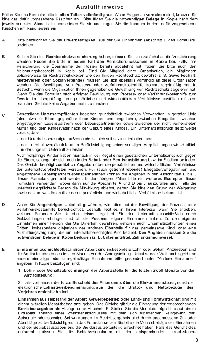 Hinweisblatt zum Formular für die Erklärung über die persönlichen und wirtschaftlichen Verhältnisse bei Prozess- oder Verfahrenskostenhilfe, Seite 3 (BGBl. 2014 I S. 42)