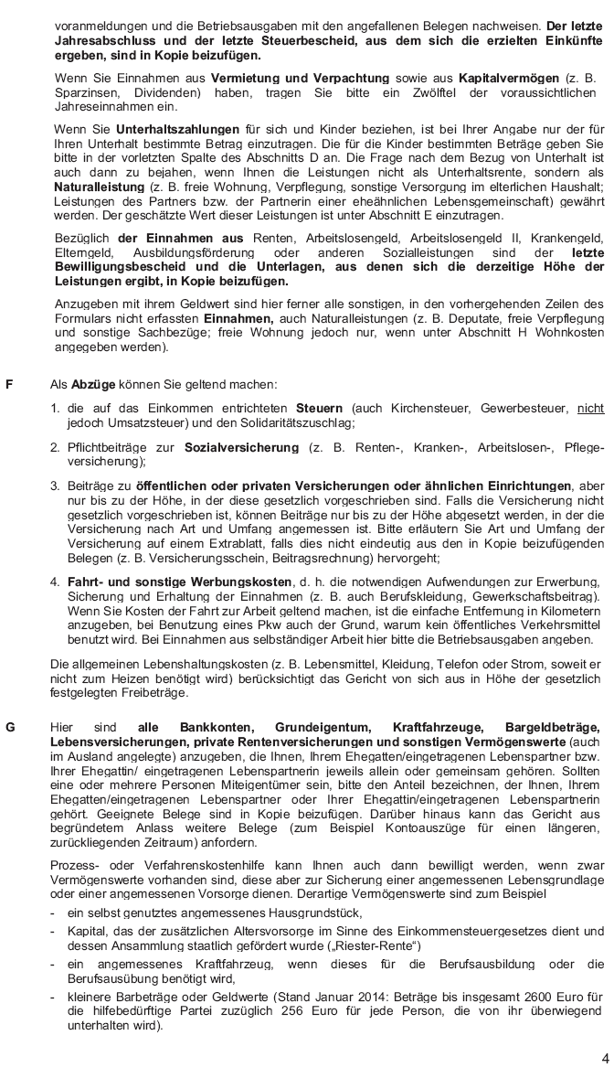 Hinweisblatt zum Formular für die Erklärung über die persönlichen und wirtschaftlichen Verhältnisse bei Prozess- oder Verfahrenskostenhilfe, Seite 4 (BGBl. 2014 I S. 43)