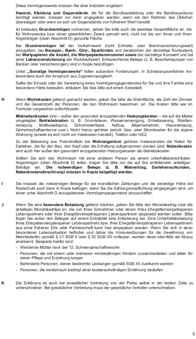 Hinweisblatt zum Formular für die Erklärung über die persönlichen und wirtschaftlichen Verhältnisse bei Prozess- oder Verfahrenskostenhilfe, Seite 5 (BGBl. 2014 I S. 44)