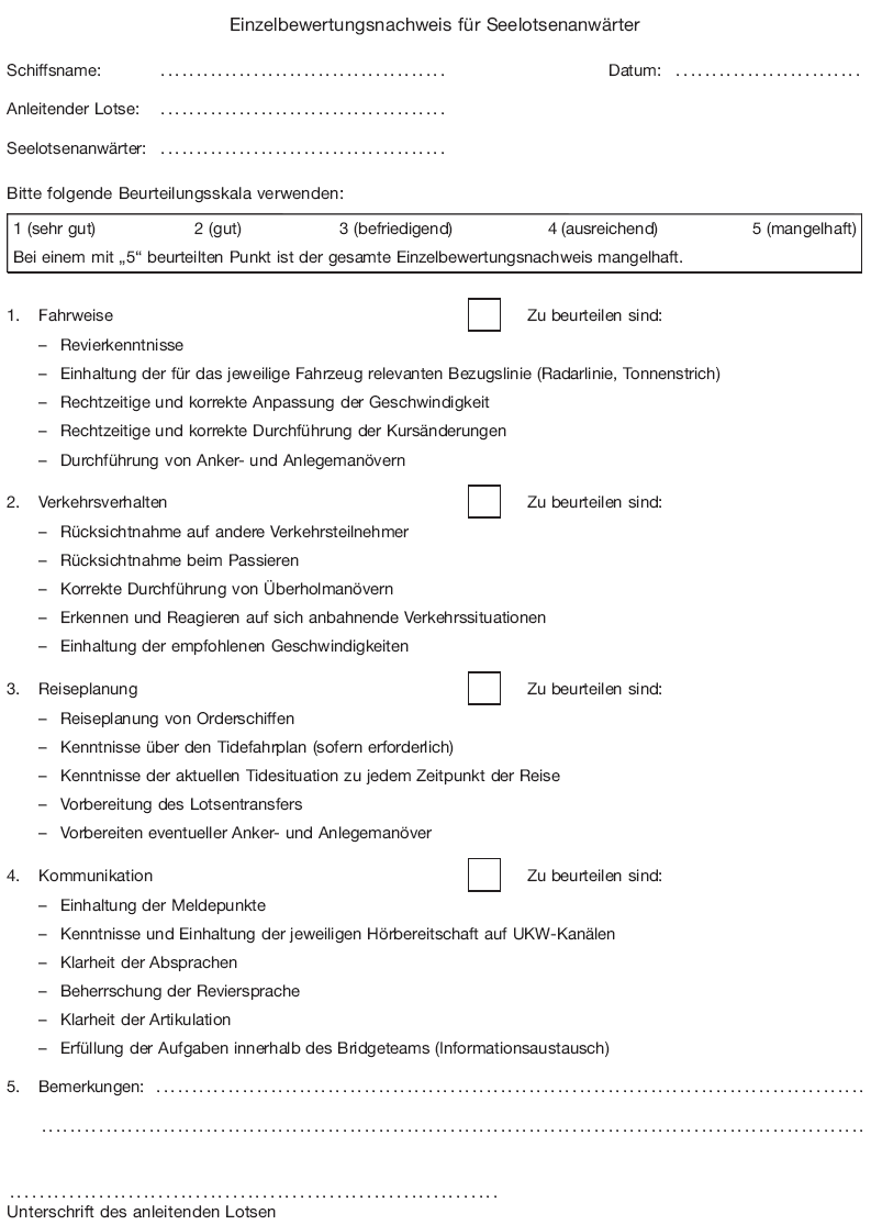 Muster Einzelbewertungsnachweis für Seelotsenanwärter (BGBl. I 2014 S. 237)