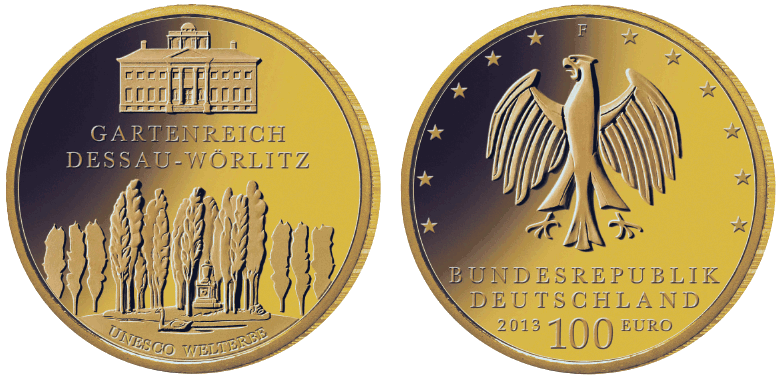 Abbildung von Bild- und Wertseite Gedenkmünze "UNESCO Welterbe - Gartenreich Dessau-Wörlitz" (BGBl. I 2014 S. 252)