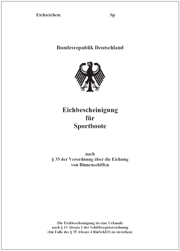 Muster der Eichbescheinigung für Sportboote Seite 1 (BGBl. 2014 I S. 675)