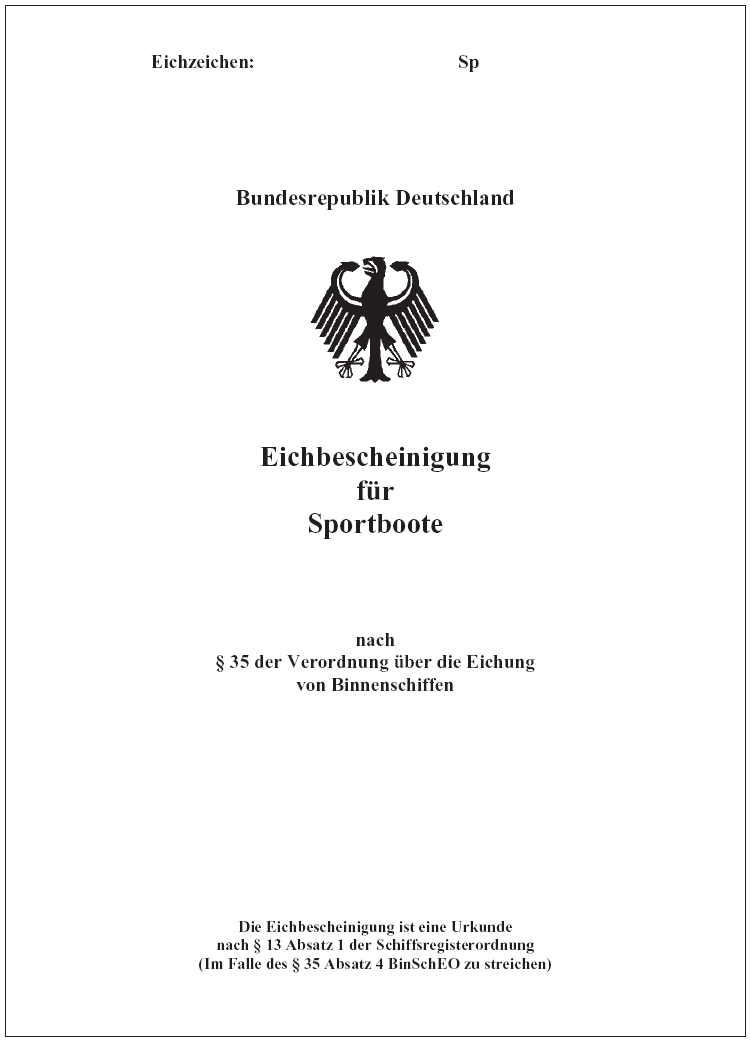 Muster der Eichbescheinigung für Sportboote Seite 1 (BGBl. 2014 I S. 675)