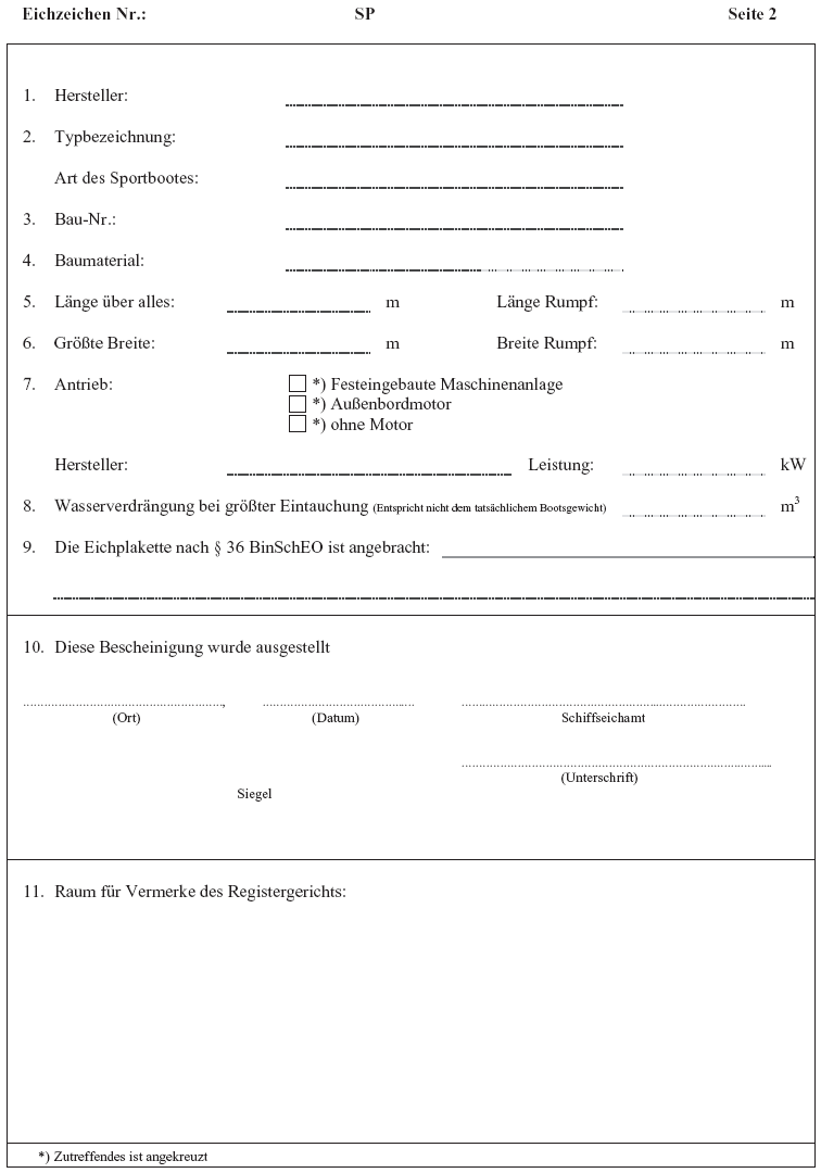 Muster der Eichbescheinigung für Sportboote Seite 2 (BGBl. 2014 I S. 676)