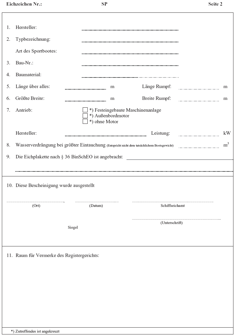 Muster der Eichbescheinigung für Sportboote Seite 2 (BGBl. 2014 I S. 676)